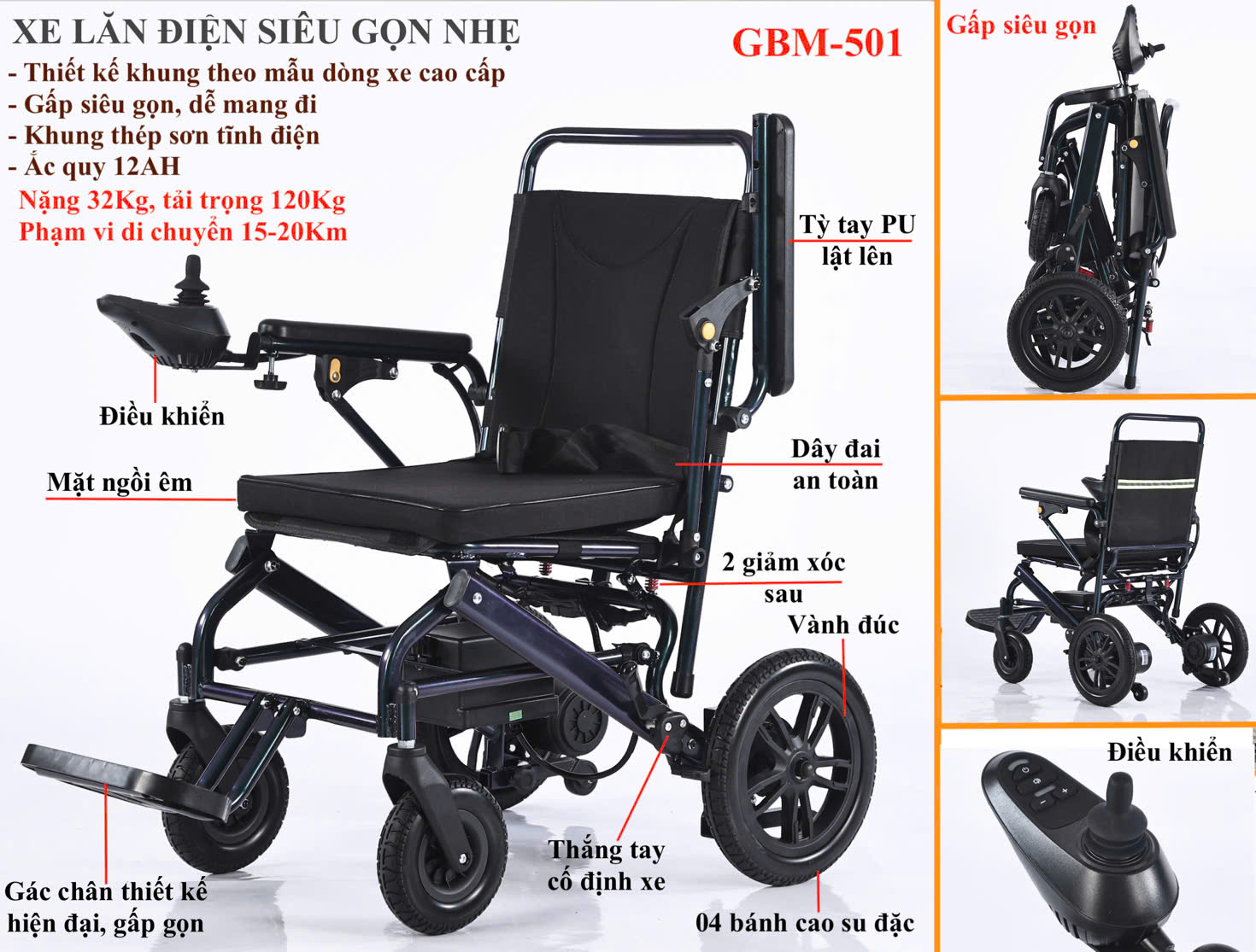 Xe lăn điều khiển điện Gia Bảo Minh GBM-501